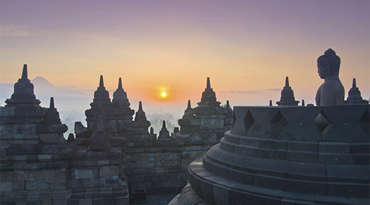 Sunrise Borobudur Temple Stupa in Yogyakarta, Java, Indonesia