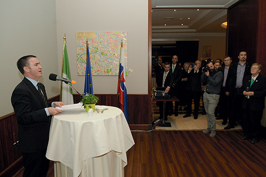 Mr Damien English T.D. , Minister of State for Skills, Research and Innovation give a speech on St Patricks Day, Bratislava, Slovak Republic