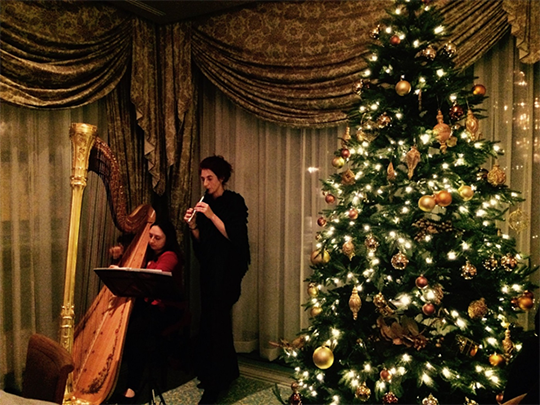 Musicians performing traditional Irish music for attendees at the annual Christmas dinner of the Irish Club in the Netherlands. 