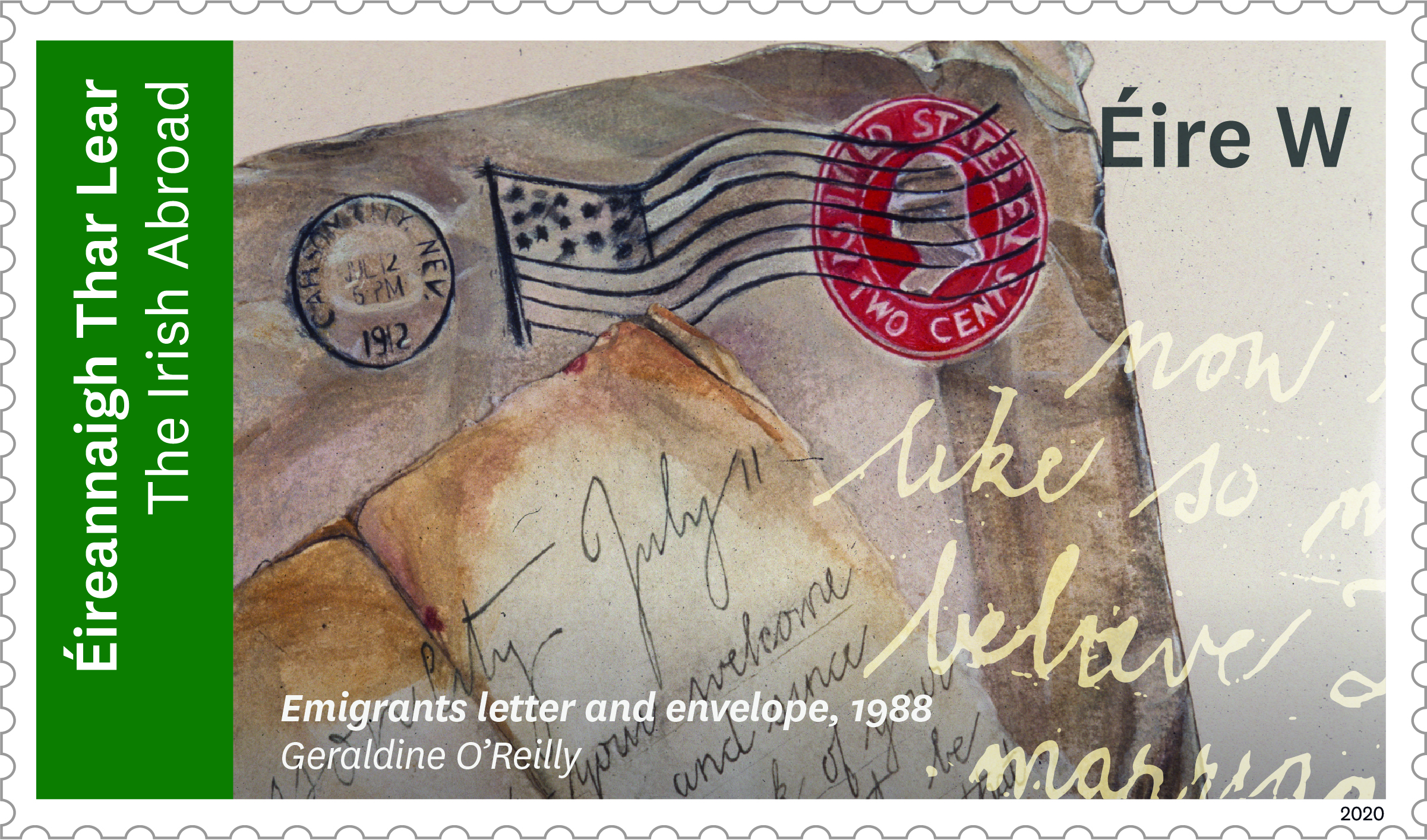 An Post 2020 special edition diaspora postage stamp depicting Emigrants letter and envelope 1988
