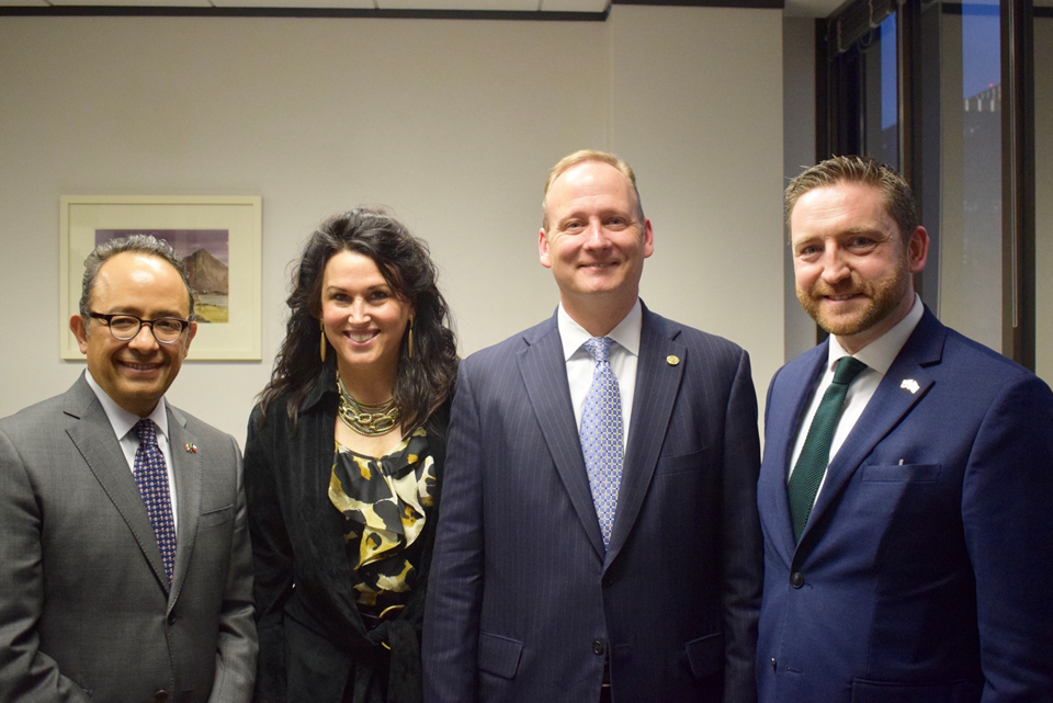 Carlos González Gutiérrez, Consul General of Mexico; Karen Price; Representative Four Price; and Adrian Farrell, Consul General of Ireland at the 86th Texas Legislative Session reception at the Irish Consulate.