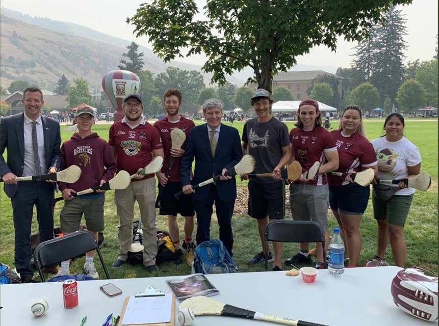 Ambassador Mulhall & Consul General O'Driscoll with UM's Hurling Team the Grizzlies