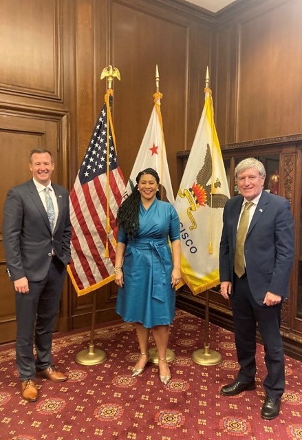 SF Consul General Robert O'Driscoll, San Francisco Mayor London Breed and Ambassador Daniel Mulhall meeting at City Hall in San Francisco