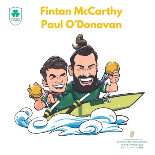 Illustration of Irish rowers Paul O’Donovan and Fintan McCarthy following their gold medal win at Tokyo Olympic Games on 29 July 2021 ©Embassy of Ireland in Japan
