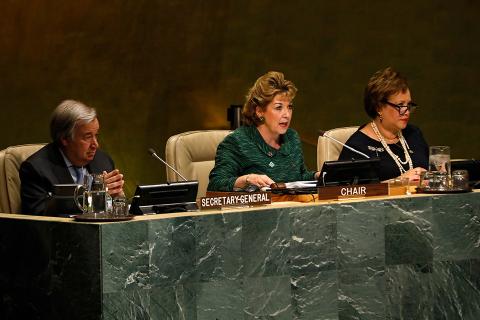 Ambassador Geraldine Byrne Nason chairs the opening session of the sixty-second session of Commission on the Status of Women. 
Photo credit: UN Women/Ryan Brown