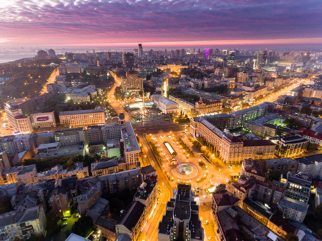 Independence Square. Ukraine. Aerial view of the Independence Monument. Revolution of pride. Orange Revolution. City center. Kyiv. 